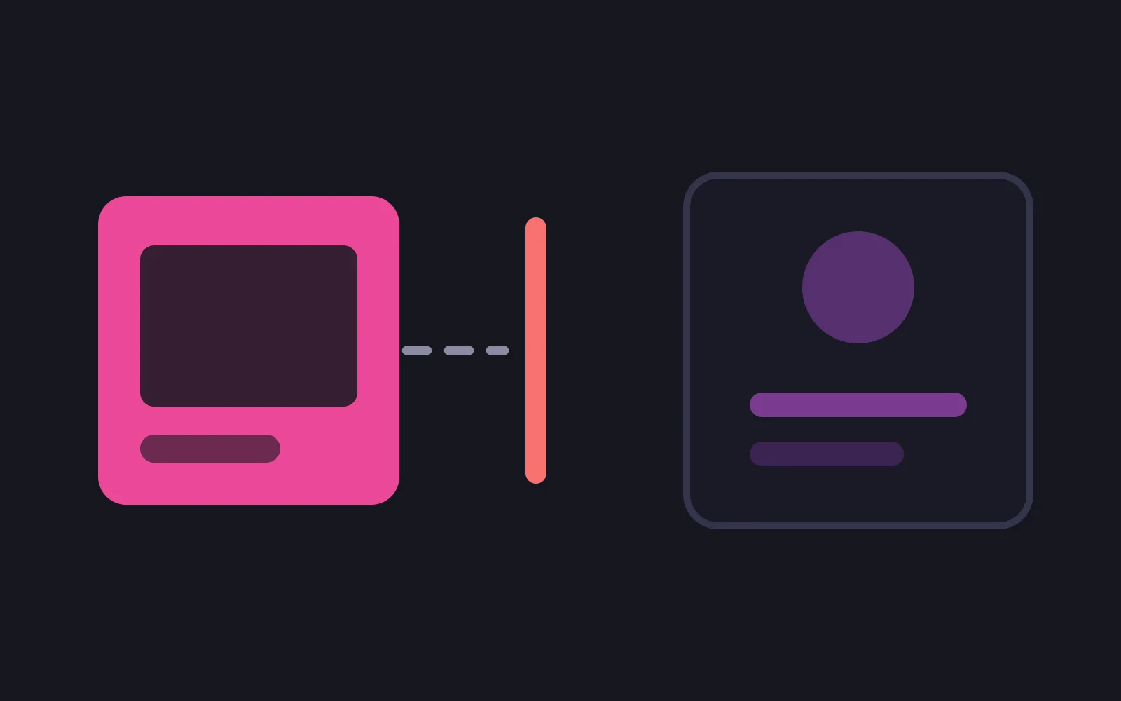 A bright pink photo card on the left, a short dashed line leaving it and stopping dead at a tall red bar, with an empty character card holding a purple circle and two bars waiting untouched on the other side
