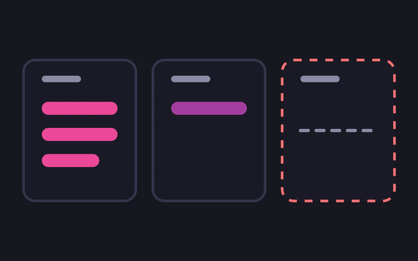Three cards side by side: the first holds three bright pink rule bars, the second a single purple bar, and the third is outlined in dashed red and holds nothing but a faint dashed line